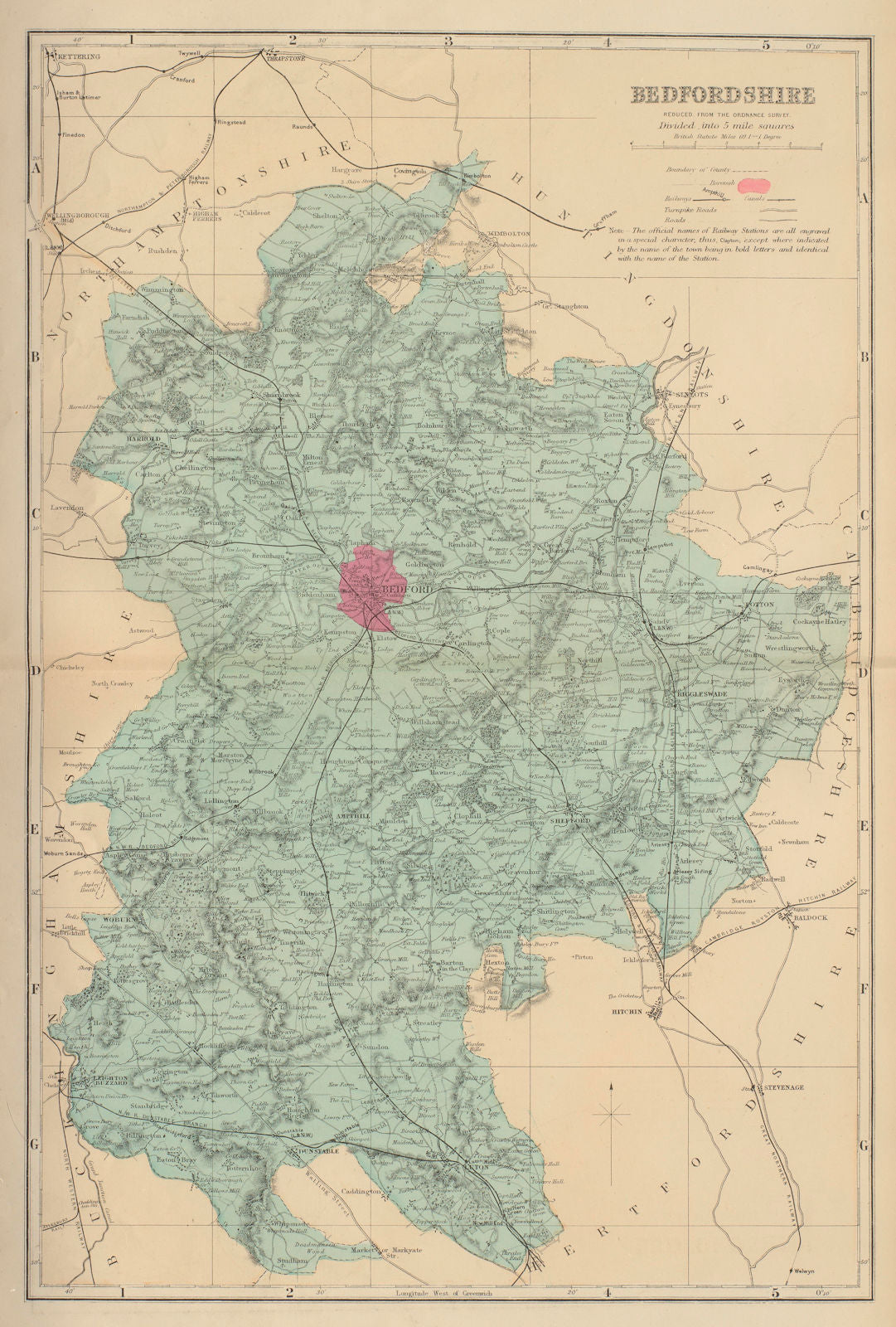 BEDFORDSHIRE antique county map by GW BACON 1883 old plan chart
